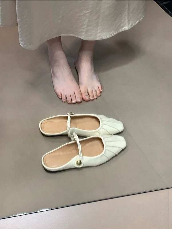 女性用フレンチトゥハーフスリッパ、プリーツ高級メリージェーンシューズ、ミュール、万能サンダル|undefined