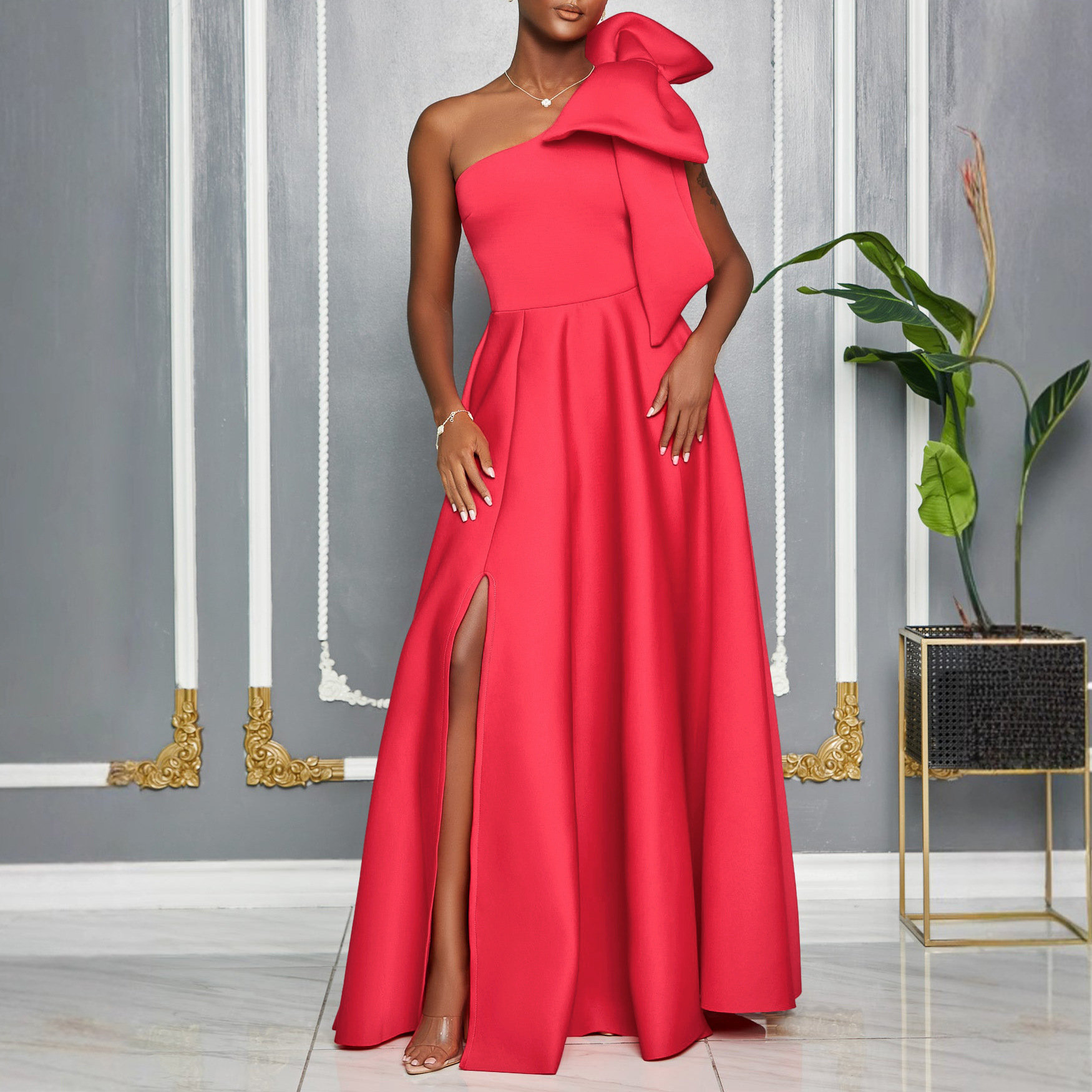 Women's One Shoulder Red Evening Dress With Bow, Elegant A-Line Maxi Gown For Wedding Guest, Prom & Formal Party_ecoleips.com
