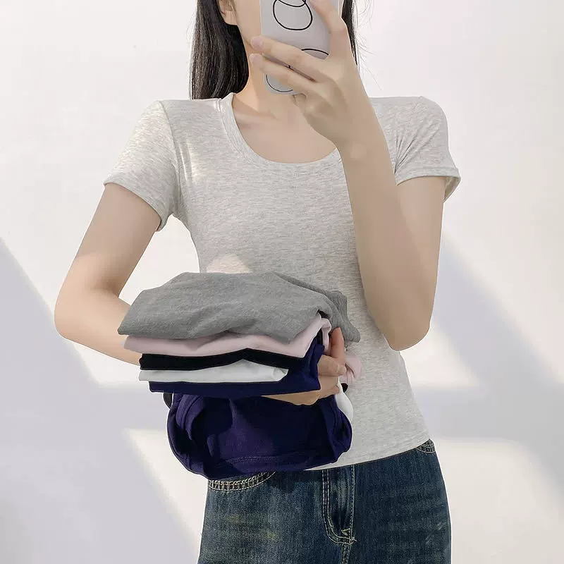 260克人棉莫代尔纯色短袖T恤女夏季圆领修身正肩显瘦锁骨上衣纯欲