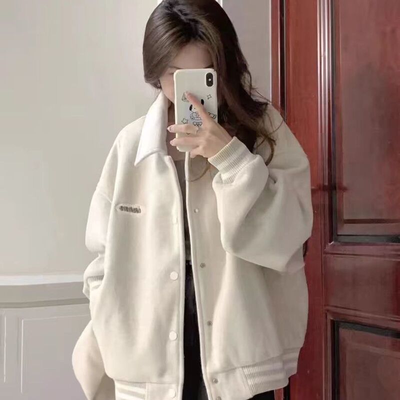 2025年秋冬季加绒棒球服外套女慵懒风小个子学生字母刺绣宽松夹克|undefined