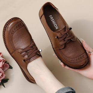 Autumn New Style First-Layer Cowhide Retro Ethnic Style Women's Shoes Comfortable Tendon Soft Sole Mother's Shoes Genuine Leather Thick-Soled Leather Shoes