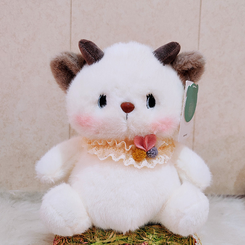 Linda mesa de puff de leche con adornos de muñecas, juguetes de peluche con muñecas, pequeños perros de leche, gatos de leche, regalos de cumpleaños para niños