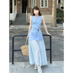 フレンチスタイルの万能スプライシングメッシュデニムドレス夏の新しいファッションシンプルな年齢軽減人気のベストドレス