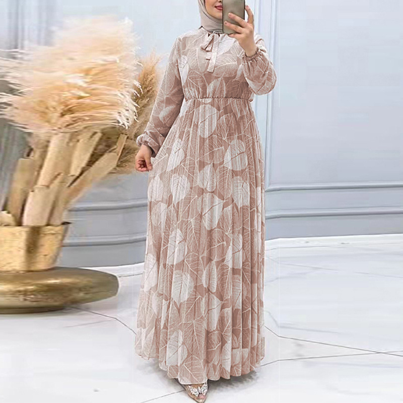 M2236 Middle East Dubai Women's Robe New Leaf Pleated Skirt Fashionable Waist-Cinching Dress_ecoleips.com