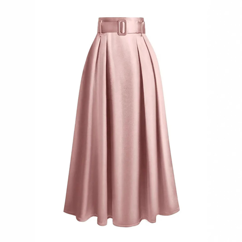 2026 Spring and Autumn European and American Foreign Trade Cross-Border Plus-Size Solid Color Ol High-Waisted Pleated Tie Long Skirt