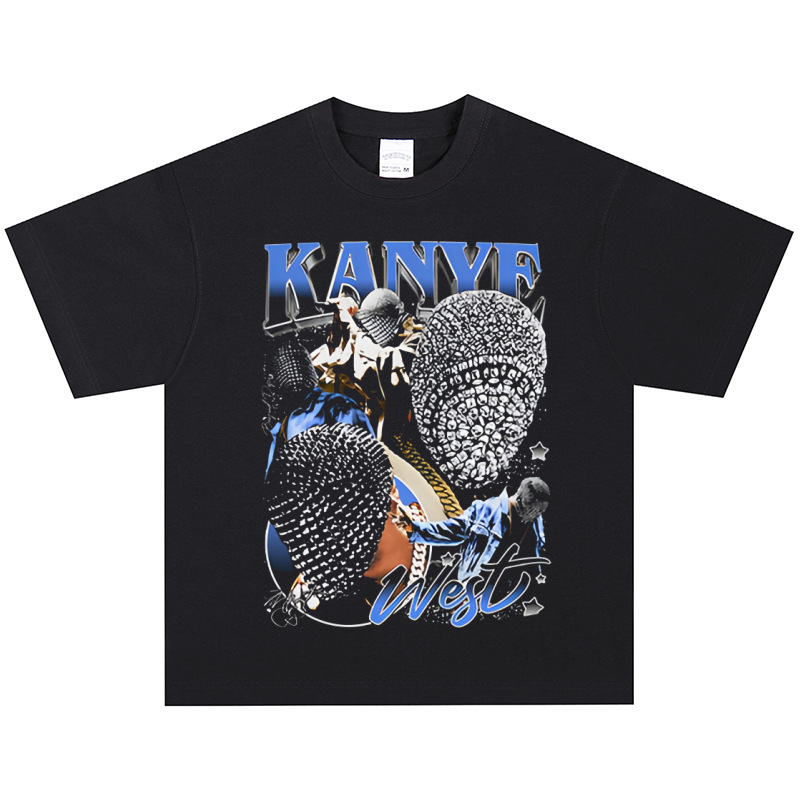 Kanye West Hip-Hop Rapper American Retro Distressed T-Shirt Street Heavy Short-Sleeved Vintage Long-Sleeved