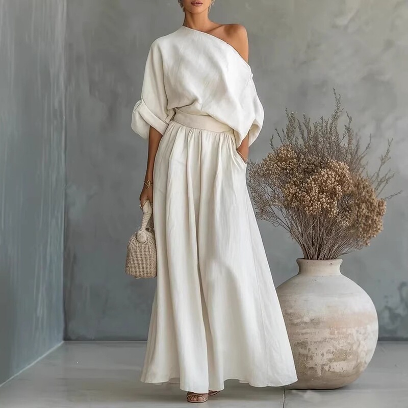 2026 European and American Cross-Border Spring and Summer New Amazon Elegant Waist-Cinching Off-Shoulder Top and Pants Two-Piece Set