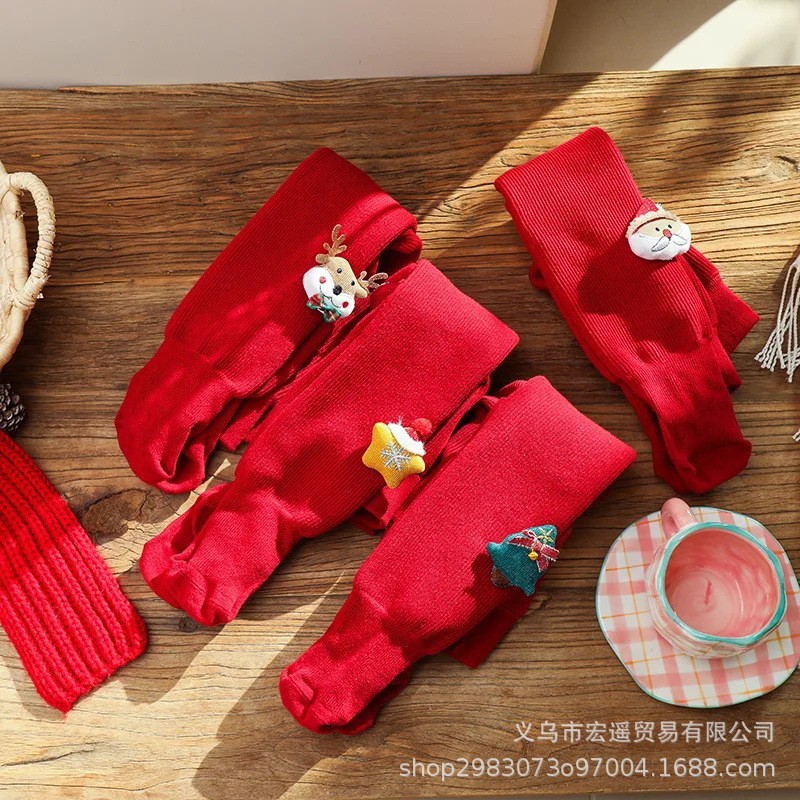 Niños de primavera y otoño festivo rojo pantimedias bebé niña de 100 días de edad pantalones bajos bebé dibujos animados Navidad Año Nuevo Calcetines