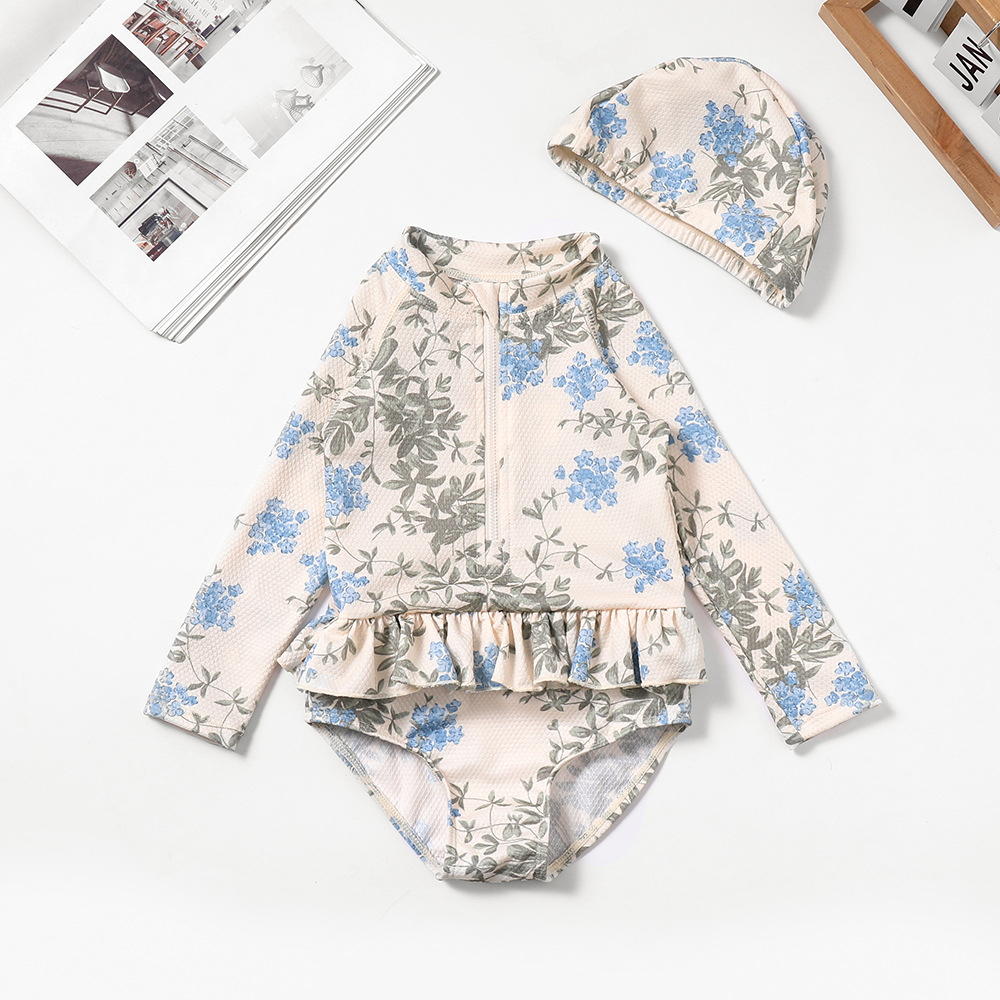 Mädchen-Badeanzug mit Blumenmuster und Rüschen, inklusive passender Badekappe | Niedliches Baby-Badeanzug-Set für Pool und Strand_voghion.com