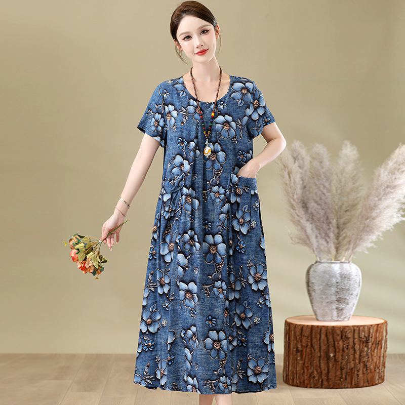 Middle-aged and Elderly Women's Summer New Cotton Silk dress Mother's Loose plus size Printed Long Dress dress