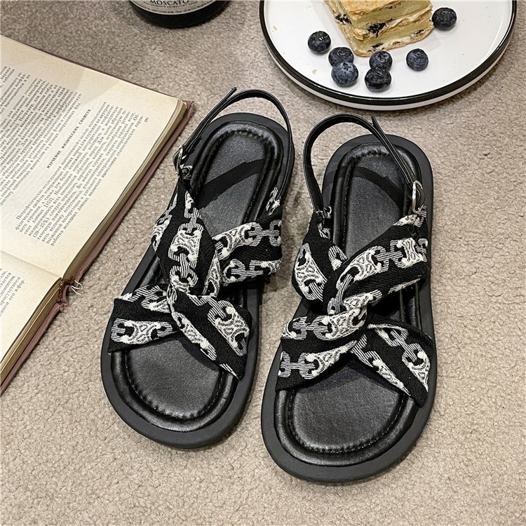 Zomer nieuwe letterstof modieuze en comfortabele zachte zool geurige wind platte gesp sandalen_voghion.com