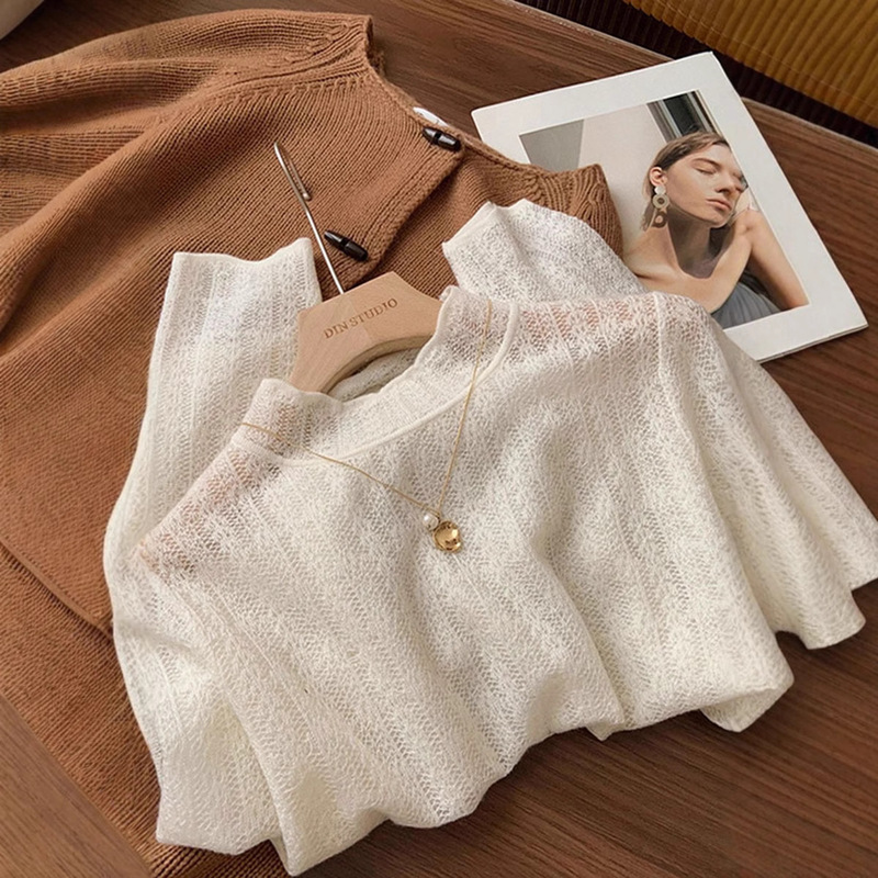 French-Style New Lace Hollow-Out Half-High Collar Wool Knit Sweater for Women, Loose Versatile Sweater with Slight Transparency, Fashionable Base Shirt