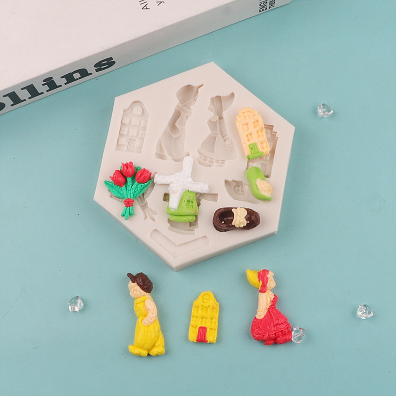 Molde de chocolate molino de viento zapatos de muñeca molde decorativo de silicona flores utensilios para hornear molde de pastel de fondant