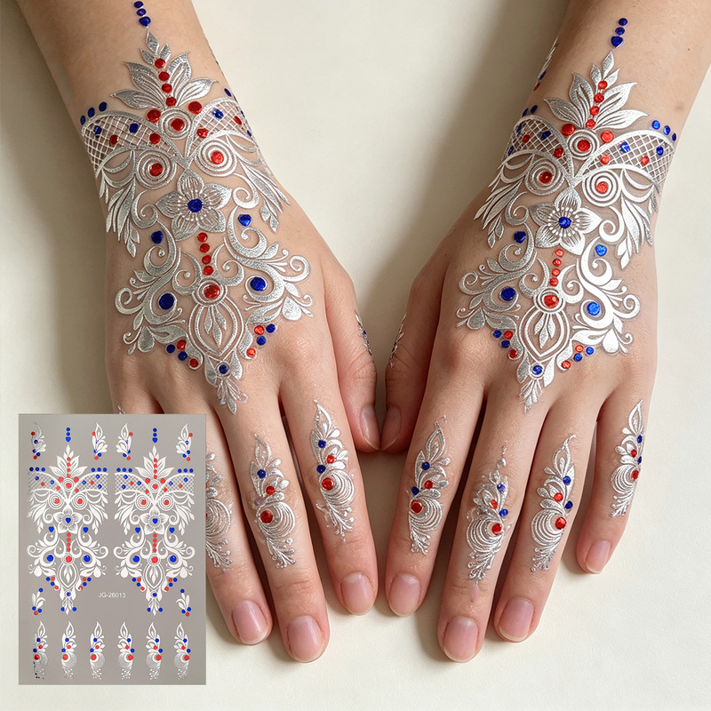 Silver Glitter Diamond Henna Tattoo Stickers for Brides Wedding Hand Waterproof Long-Lasting Party Lace Glitter Painted Tattoo Stickers
