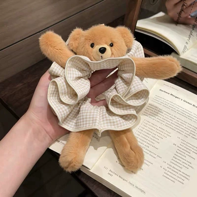 ponytail scrunchie, versatile hair accessory, Saç üçün rezinlər - apricot-fine-gingham-bear-design