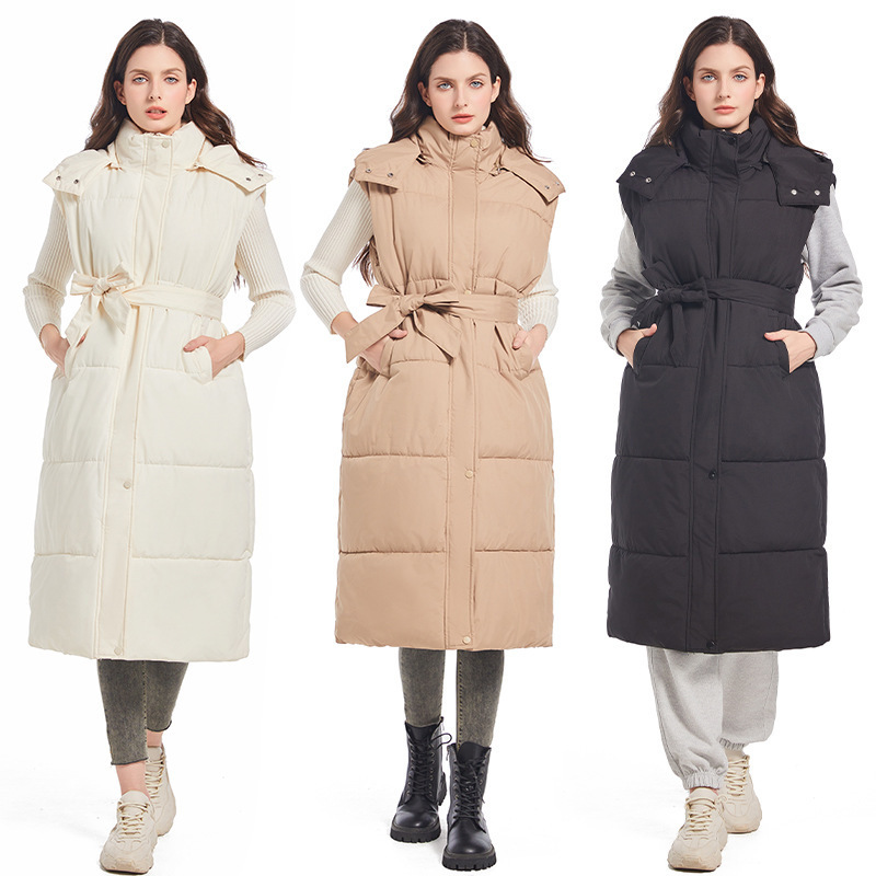 2024 Winter down Cotton Vest Outerwear Over-The-Knee Long Cotton Vest Women's Hooded Jacket