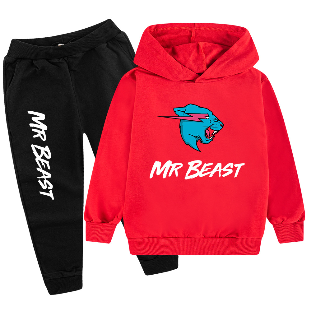 Testa di lupo MR BEAST Cartoon stampato set per ragazzi e bambini felpa con cappuccio maglione + pantaloni PB437_voghion.com