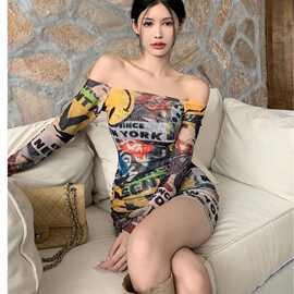美式复古一字领弹力印花包臀短裙女【月销10万】网纱连衣裙短袖