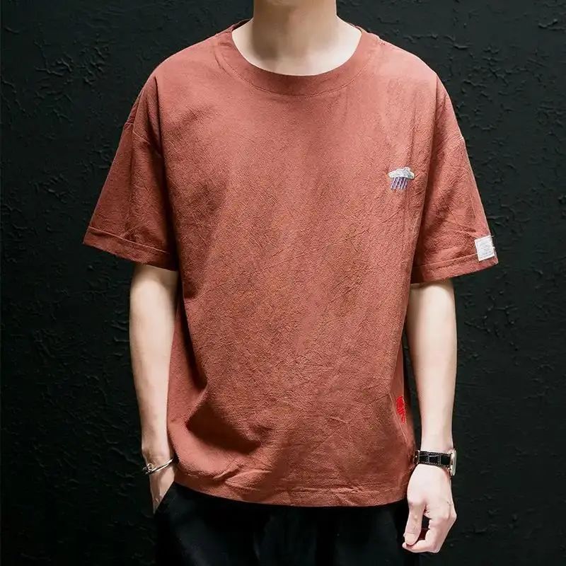 リネン半袖tシャツメンズ夏ラウンドネックトレンドゆるいtシャツ薄いハーフスリーブ綿麻刺繍麻布トップス|undefined