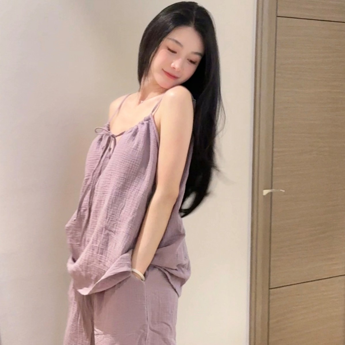 〈熏衣眠〉夏季睡衣女吊带纯棉纱布婴儿棉紫色带胸垫高级感套装