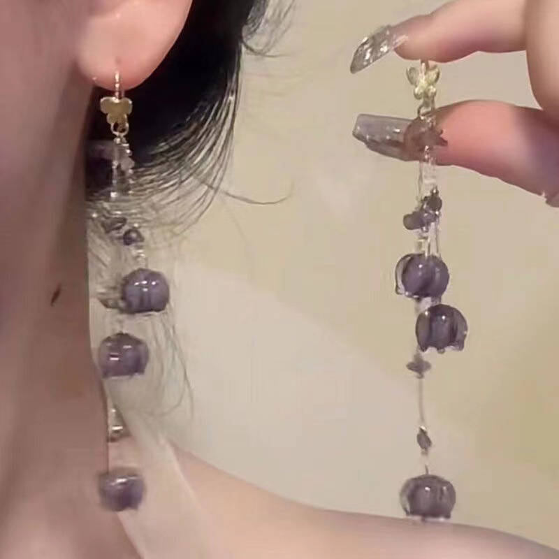 2024 Fresh Pastoral Purple Lily of the Valley Flower Earrings with Tassels, Long Vintage Statement Earrings for Autumn and Winter