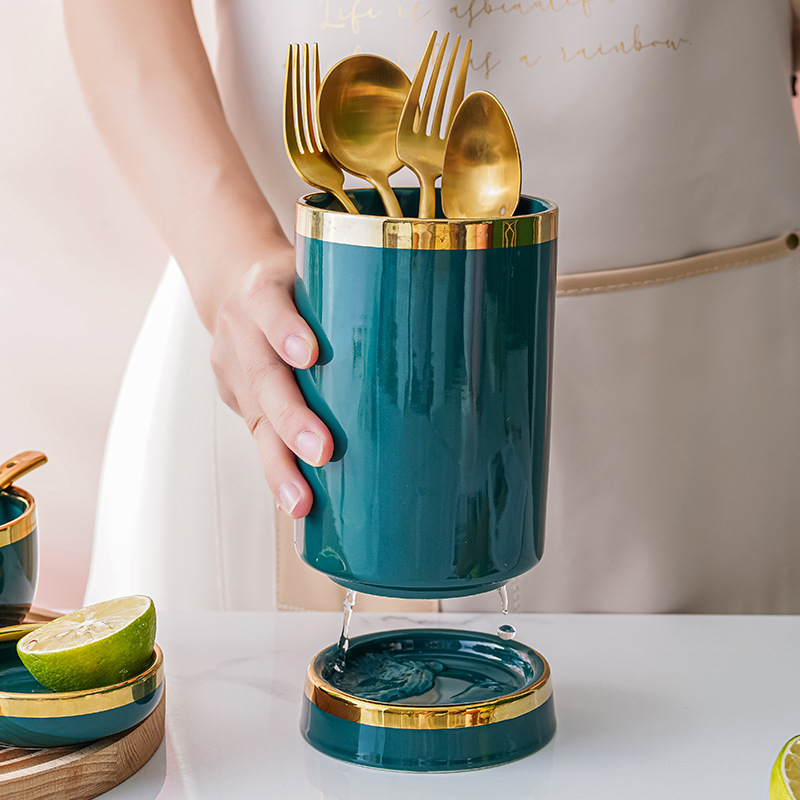 Nórdico borde dorado palillos de cerámica titular hogar a prueba de moho palillos jaula de almacenamiento estante creativo cocina vajilla cuchillo, tenedor y cuchara tubo de drenaje