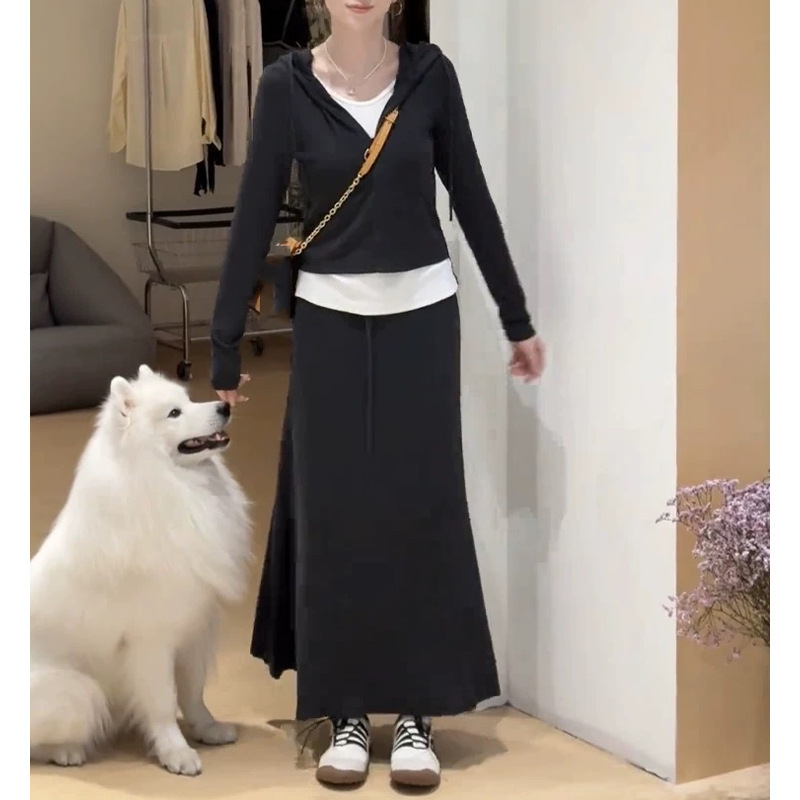 时尚休闲套装裙女2025秋季新款洋减龄假两件连帽卫衣半身裙两件套|undefined