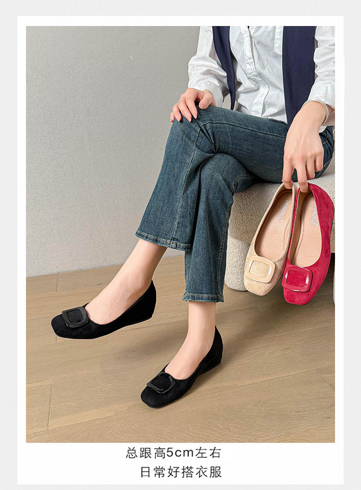 Giày bệt nữ mũi vuông khóa ngang, cổ thấp chất liệu nhung, gót xuồng 3–6 cm — Màu be, màu đen, màu đỏ chi tiết 24