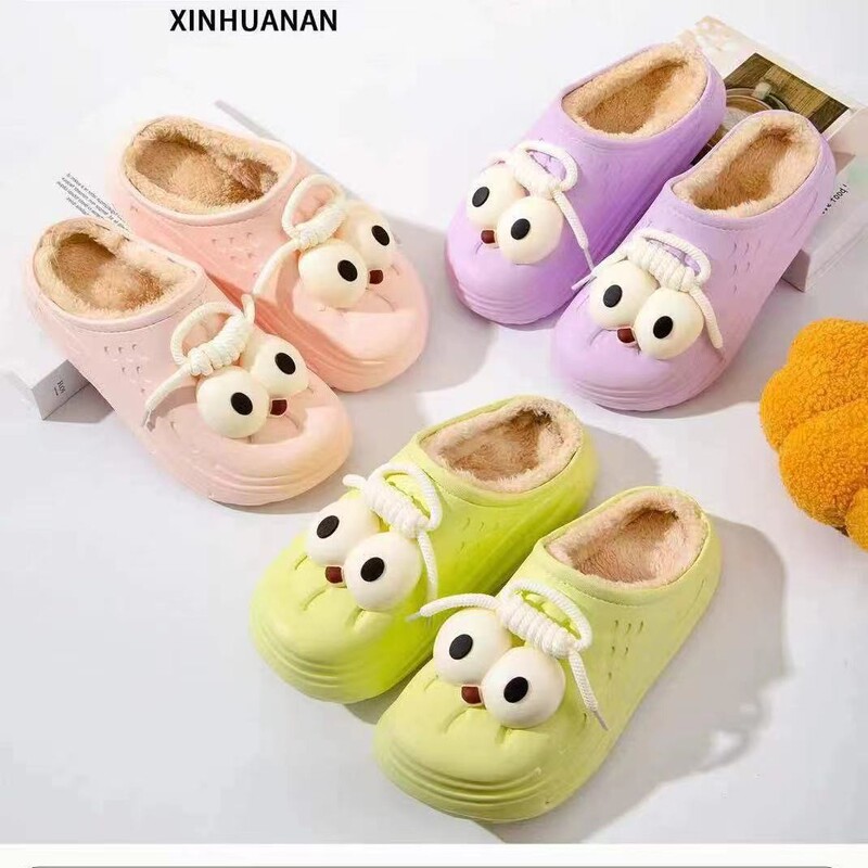 Autumn and winter ladies thick soft bottom cartoon cute big eye outdoor waterproof cotton slippers fleece-lined warm wholesale
