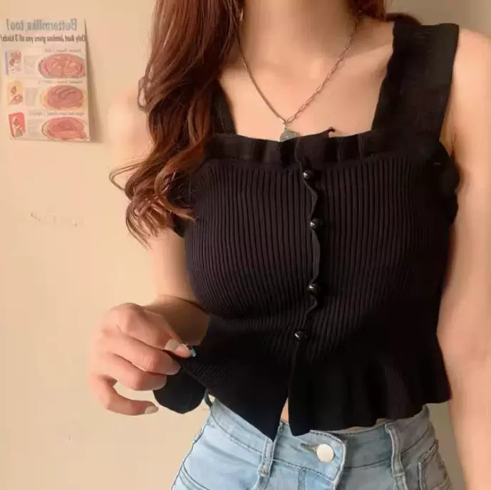 夏装外穿显瘦修身无袖针织衫背心韩版甜美减龄木耳边花边吊带小衫
