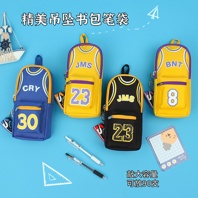 Bolsa de papelería de baloncesto de doble capa de lona de gran capacidad de alto aspecto para niños Bolsa de lápiz de escuela primaria y secundaria