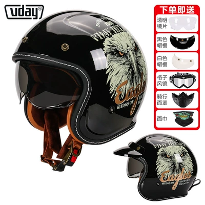 American Retro Cruise Scooter Riding | Motosiklet kaskı (dəbilqə) - va-1-gloss-black-eagle-head-includes-lens-brim-black-goggle-strap-mask-face-scarf-m-head-circumference-53-54cm