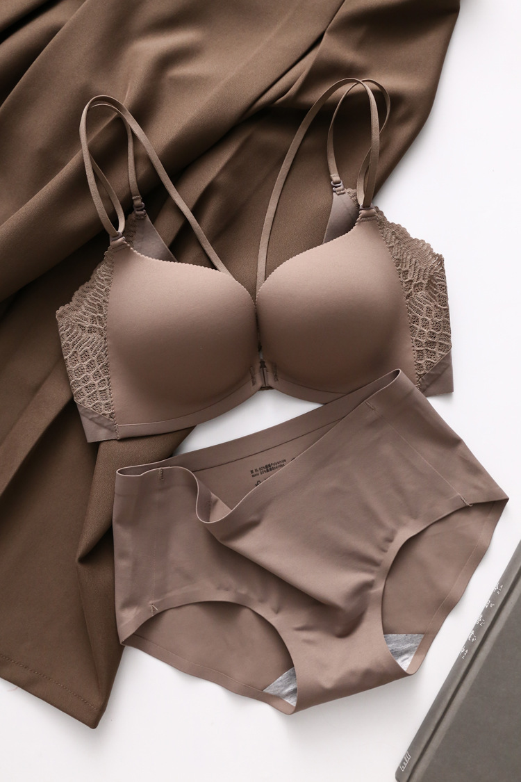 Botón delantero doble cinturón de hombro delgado conjunto de sujetador sin anillo de acero ropa interior sexy para mujeres pechos pequeños mostrando un gran bra de apoyo superior