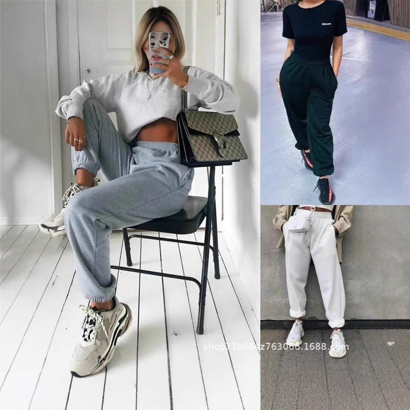 Cross-Border European and American Amazon Women's Sports Pants Jogging Pants Loose Tightening Bottom Exercise Casual Pants Wholesale