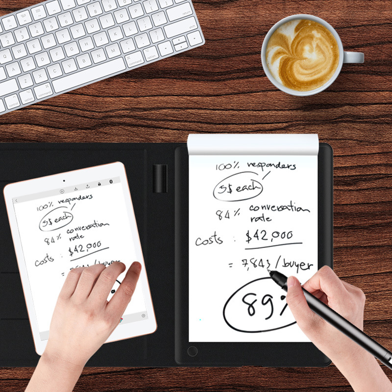 Cuaderno digital inteligente con sincronización a app móvil, pantalla de notas y dibujo a color, ideal para música y creatividad.