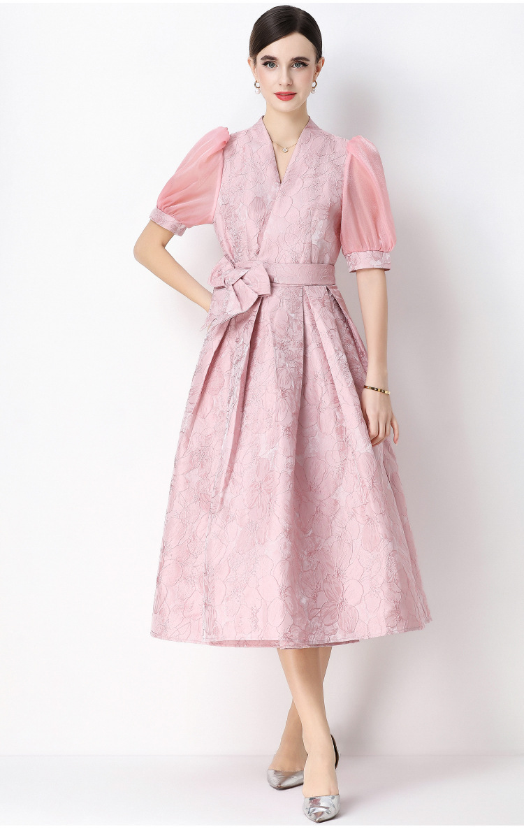 Đầm maxi nữ thắt eo V cổ tay ngắn họa tiết jacquard thanh lịch — màu đen, xanh lam, Màu hồng, màu trắng chi tiết 14