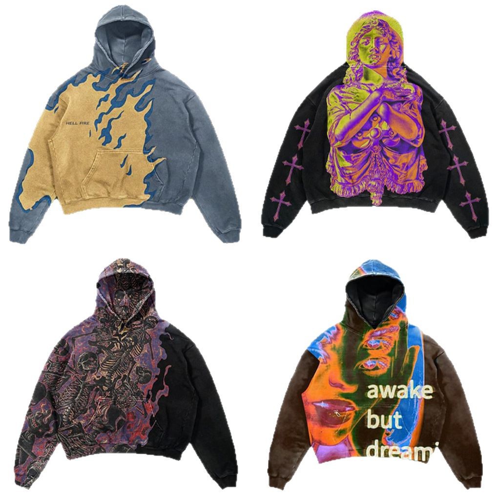 艾曦服装抓毛布骷髅慵懒风3D数码印花连帽衫青少年成人男大码卫衣