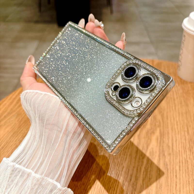 Suitable for iPhone 16 Square Electroplated Edge Diamond Gradient Glitter Paper Phone Case with Lens Film 15 Apple 17 Soft Case