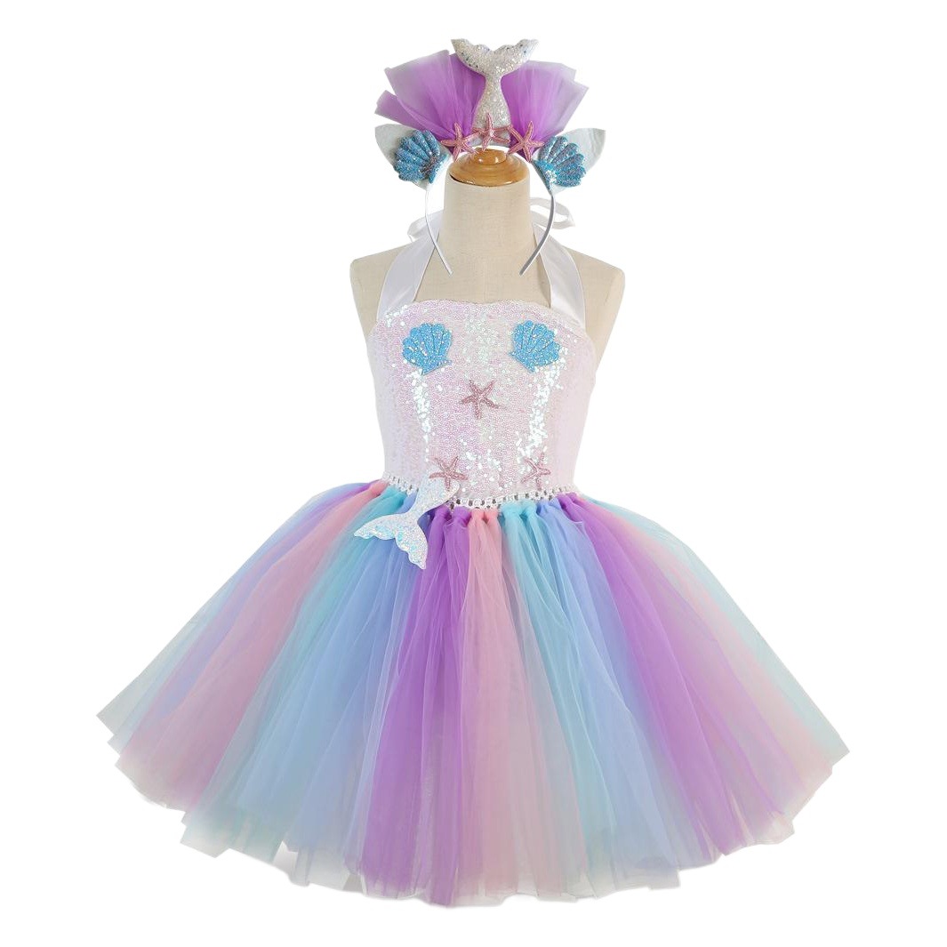 Vestido de sirena con lentejuelas pequeñas para niños europeos y americanos transfronterizos vestido de princesa para niños de cola de pez para falda de tutú de malla de tocado gratis