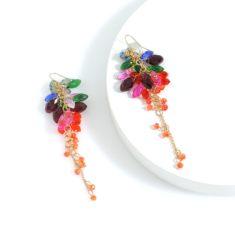 Color Crystal Flower Long Fringed Earrings Wholesale Jewelry Nihaojewelry display picture 3