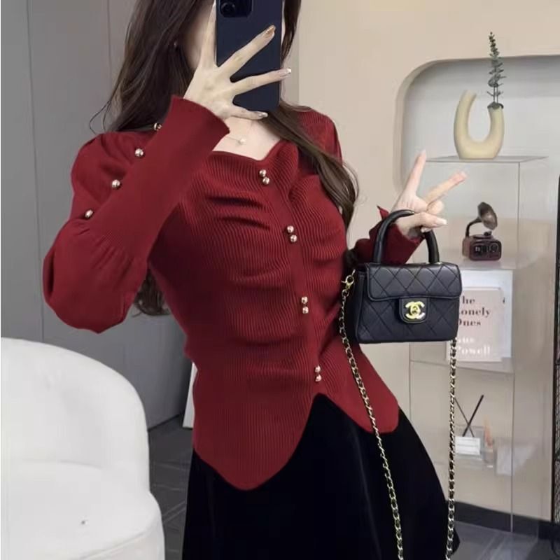 方领褶皱毛衣打底衫女秋冬高级感别致漂亮洋气时尚内搭针织衫上衣|undefined