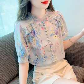 2026夏季新款小立领短袖雪纺衫女抽象印花国风衬衫女宽松显瘦上衣