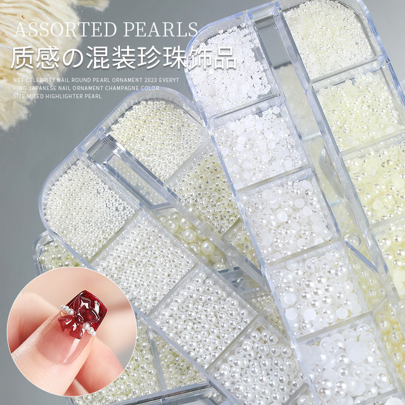 Manicura resaltar plana tamaño mixto joyería de perlas accesorios de uñas tridimensionales japoneses cuentas de diamantes no pelar al por mayor