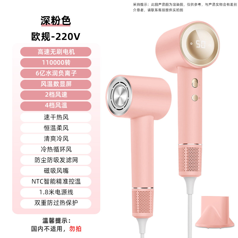 【D4-D】딥 핑크【유럽 규격 - 220V】- 11만 RPM 브러시리스 모터 + 6억 개 음이온 + 풍온 디지털 표시 + 자석식 노즐 + 1600W