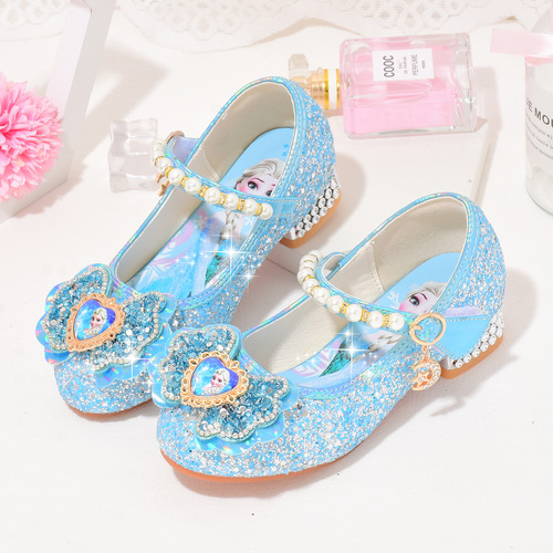 Children's leather shoes for spring and autumn, Elsa single shoes for little princess, crystal shoes for little girls, high heels with soft soles, children's shoes for girls