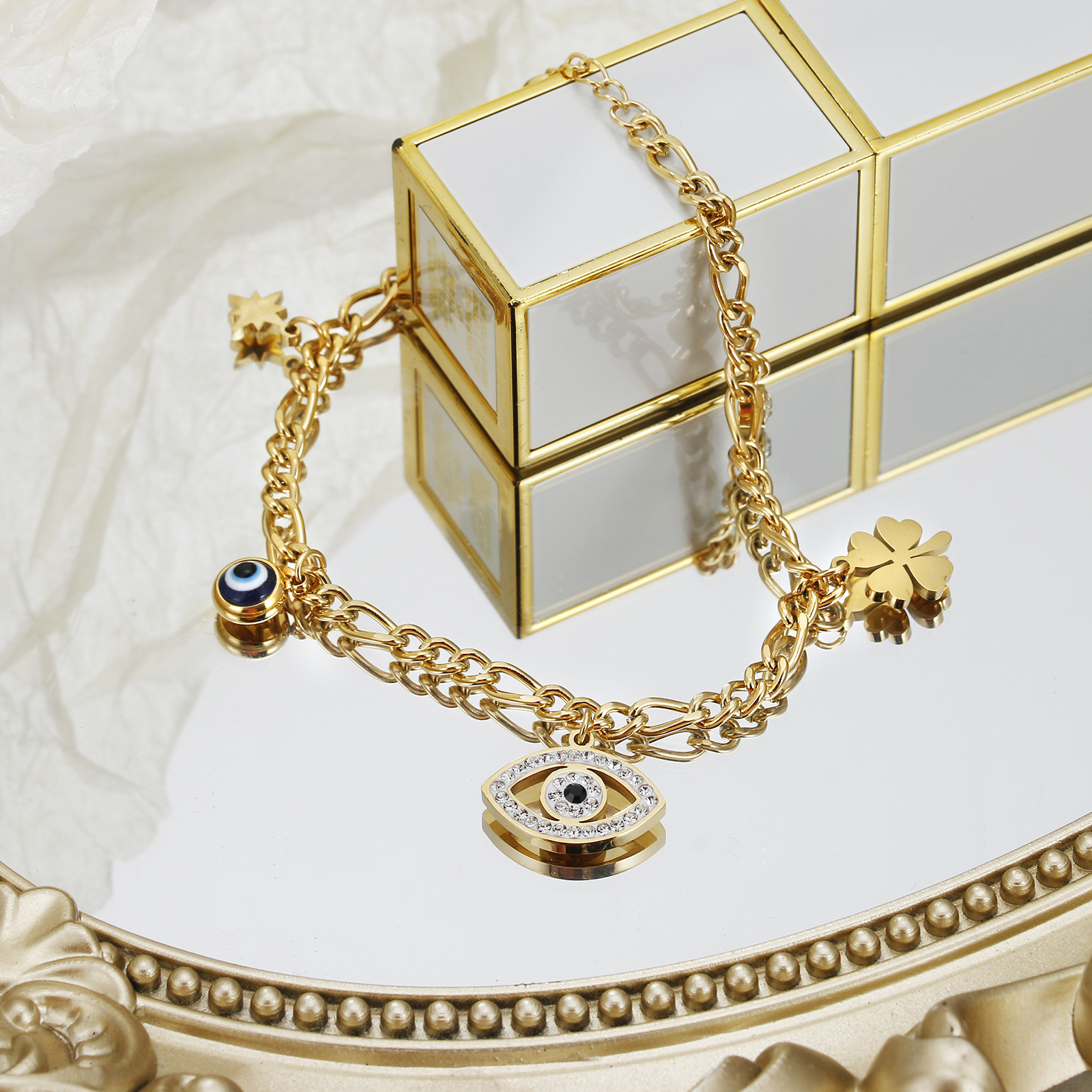 Fashion Four Leaf Clover Eye Stainless Steel Plating Hollow Out Inlay Resin Zircon Bracelets 1 Piece