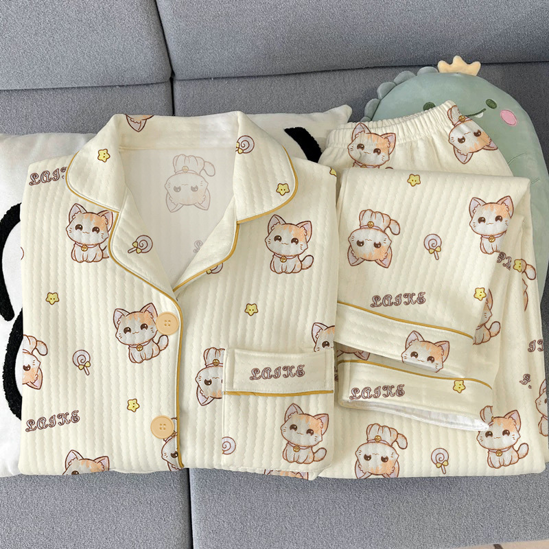 Air Cotton Pajamas for Women Autumn and Winter Long-Sleeved Thickened Sandwich Warm Star Cat Student Home Clothes Real Shot Wholesale