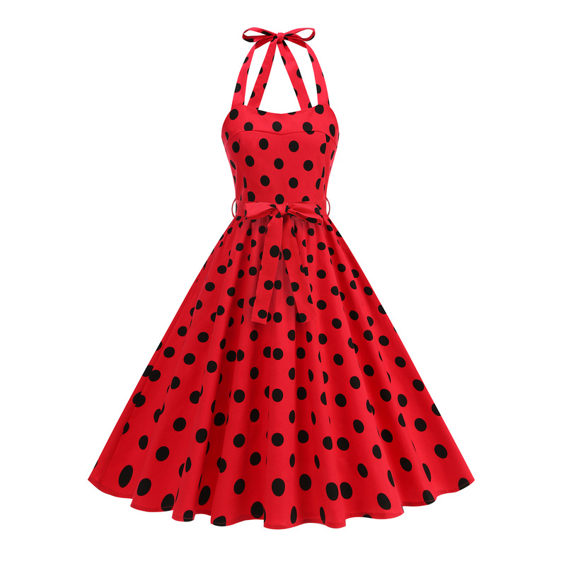 Hepburn-style vintage off-the-shoulder halter neck dress for performances and dates, with ties and a full skirt, versatile and artistic