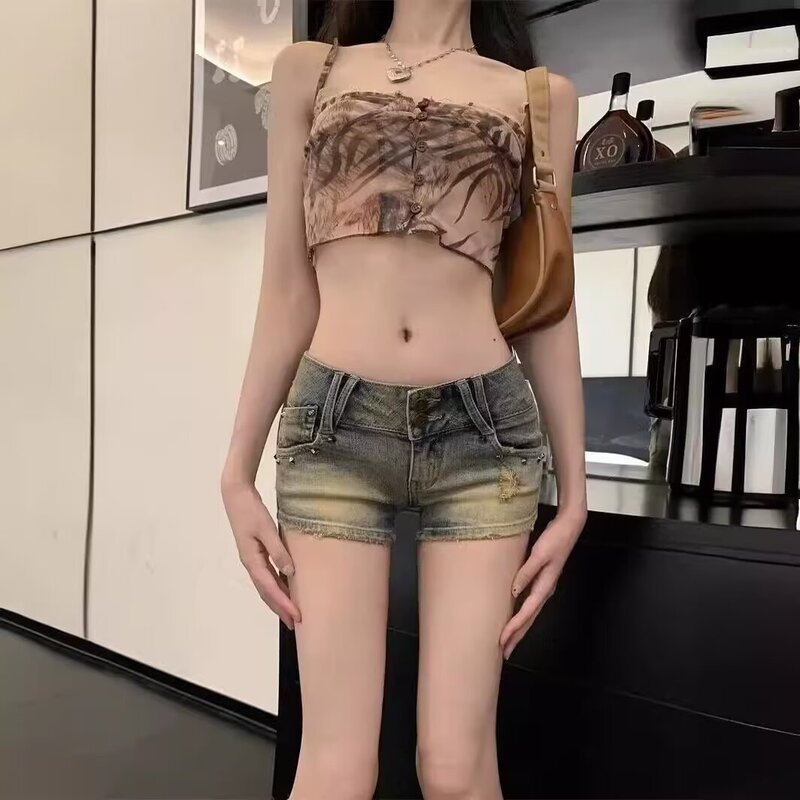 Hot Girl Elastic Denim Super Short Shorts for Women, New Spring and Summer American and European Style Sexy Hot Pants, Low-Waist Straight Pants, Trendy Hot Girl Elastic Denim Super Short Shorts for Women, New Spring and Summer American and European Style Sexy Hot Pants, Low-Waist Straight Pants, Trendy