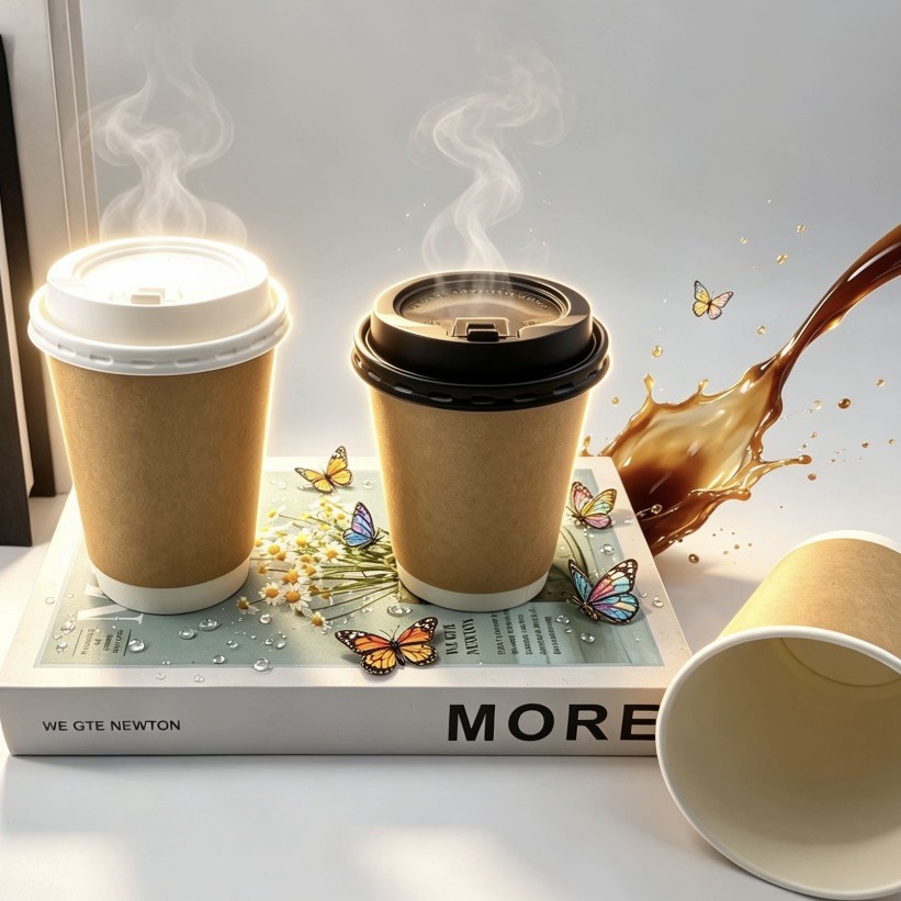 Disposable Coffee Paper Cup with Lid, Thickened Double-Layer Heat-Resistant Kraft Milk Tea Cup, Hot Drink Takeaway Cup, Commercial Use with Logo Printing